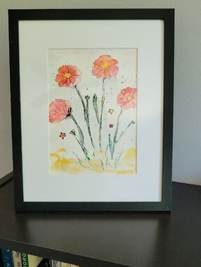 Original Watercolor Pink Floral Wall Art  Framed 9x11"